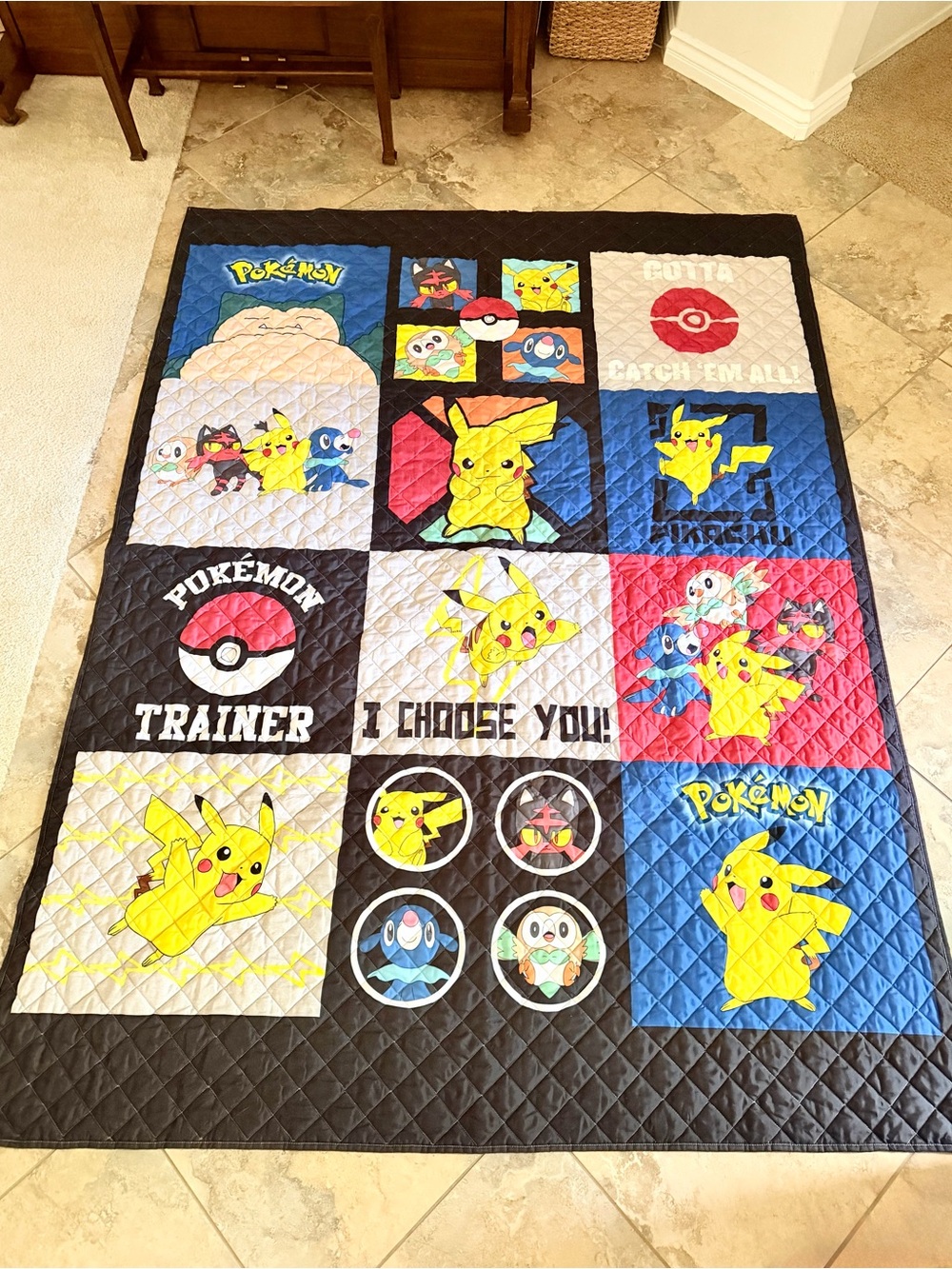 Kids Quilt Blanket – Pikachu Patchwork Design, Blue/Yellow